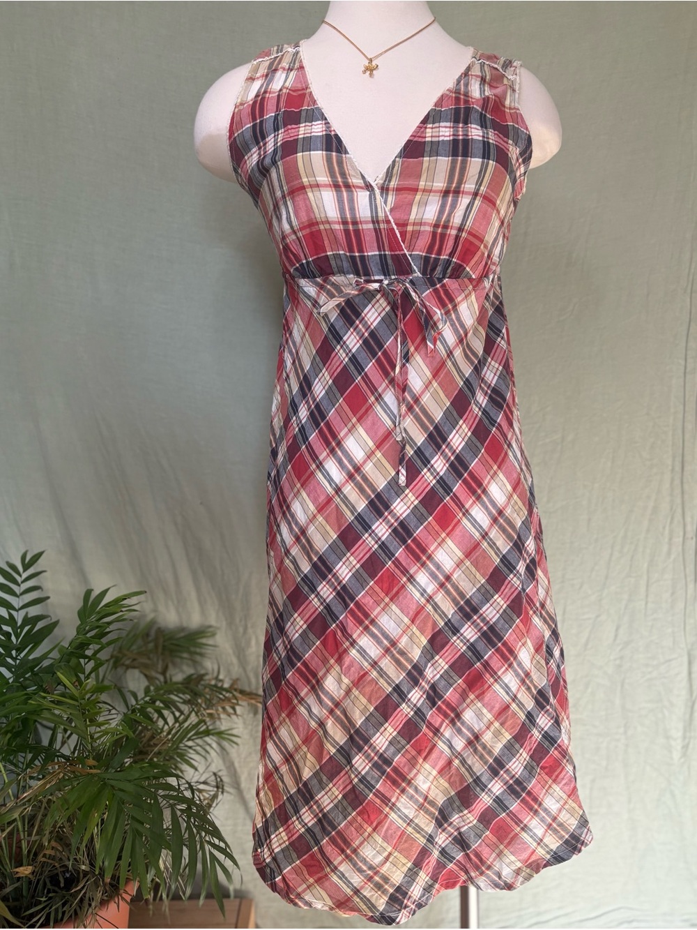 Red, Cream, Navy Plaid Midi Wrap Dress